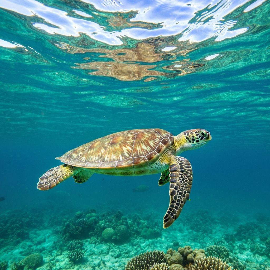 Sea turtle swimming in clear blue-green Australian coastal water